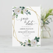 White Flowers Emerald Gold Floral Save the Date Kaart (Staand voorkant)