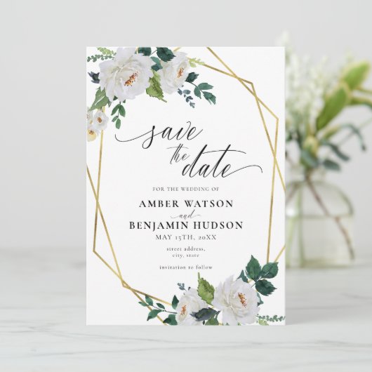 White Flowers Emerald Gold Floral Save the Date Kaart (Staand voorkant)