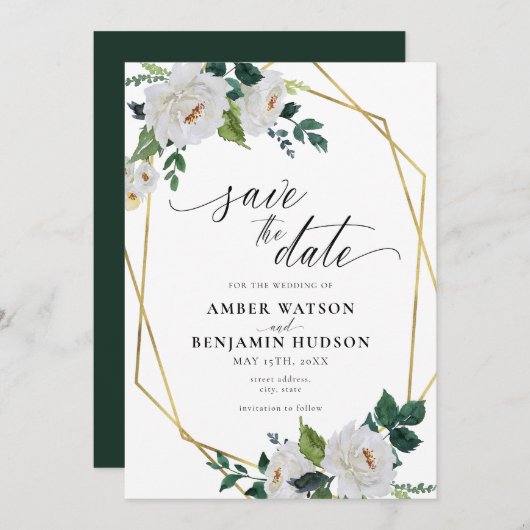 White Flowers Emerald Gold Floral Save the Date Kaart (Voorkant / Achterkant)