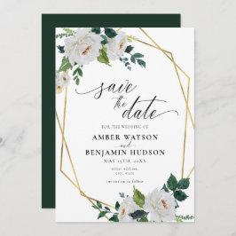 White Flowers Emerald Gold Floral Save the Date Kaart