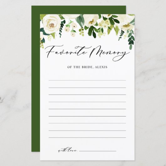 White Flowers Favorite Memory of the Bride Kaart (Voorkant / Achterkant)