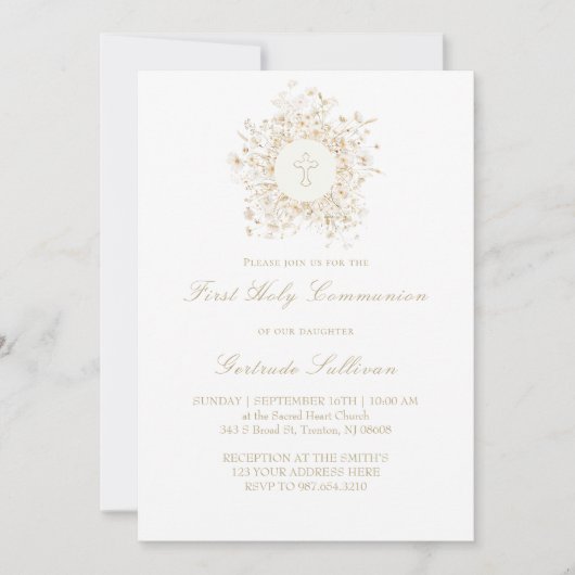 white flowers frame First Holy Communion Kaart (Voorkant)