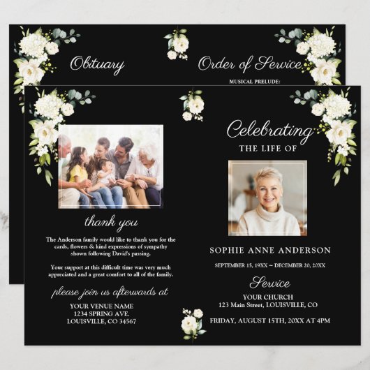 White Flowers Funeral Service Photo Program (Voorkant / Achterkant)