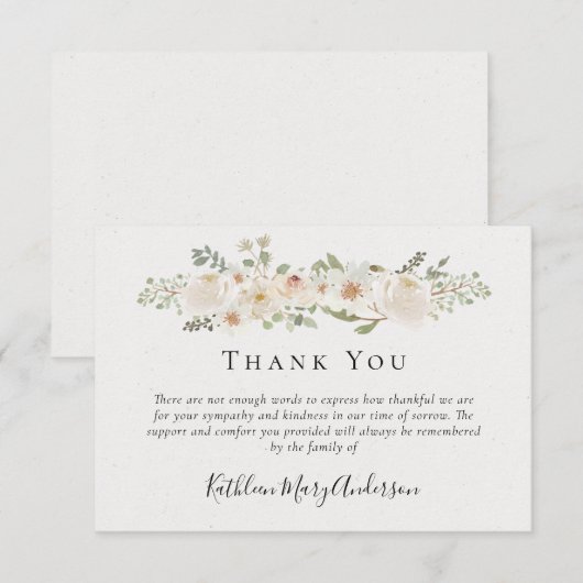White Flowers Funeral Sympathy Floral Bedankkaart (Voorkant / Achterkant)