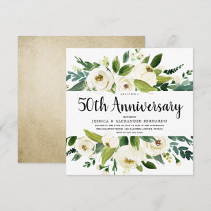White Flowers Gold 50th Wedding Jubileum Kaart