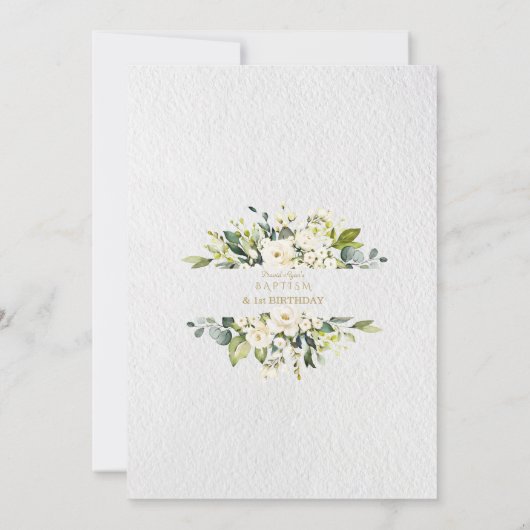 White Flowers Gold Baptism 1e verjaardag Kaart (Achterkant)
