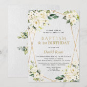 White Flowers Gold Baptism 1e verjaardag Kaart (Voorkant / Achterkant)