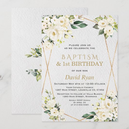 White Flowers Gold Baptism 1e verjaardag Kaart (Voorkant / Achterkant)