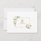 White Flowers Gold Cross Chalice Heilige Communie Bedankkaart (Achterkant)