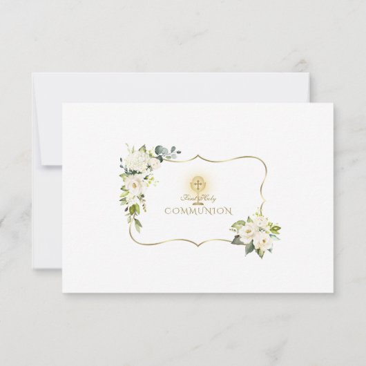 White Flowers Gold Cross Chalice Heilige Communie Bedankkaart (Achterkant)