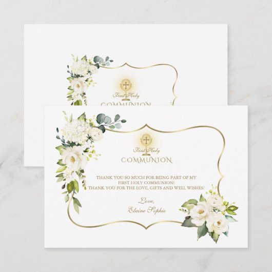 White Flowers Gold Cross Chalice Heilige Communie Bedankkaart (Voorkant / Achterkant)