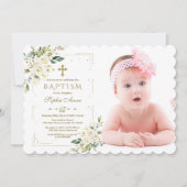 White Flowers Gold Glitter Lijst Photo Baptisme Kaart (Voorkant)