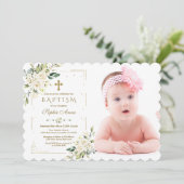 White Flowers Gold Glitter Lijst Photo Baptisme Kaart (Staand voorkant)
