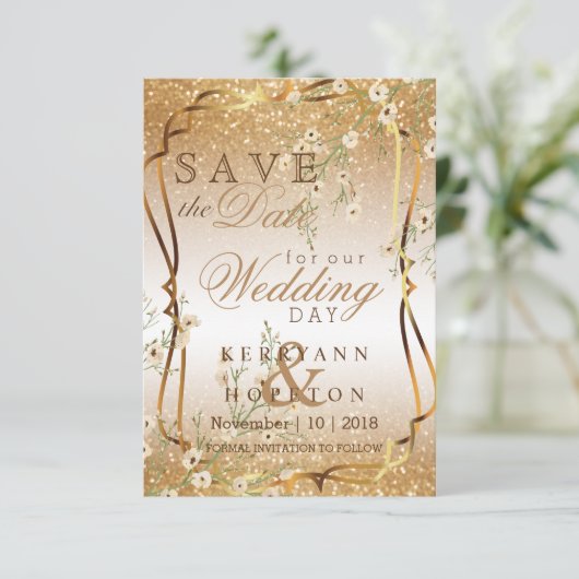 White Flowers & Gold Glitter Save The Date (Staand voorkant)