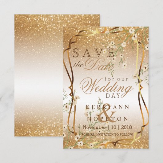 White Flowers & Gold Glitter Save The Date (Voorkant / Achterkant)