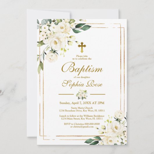 White Flowers & Gold Lijst Girl Baptisme Kaart (Voorkant)
