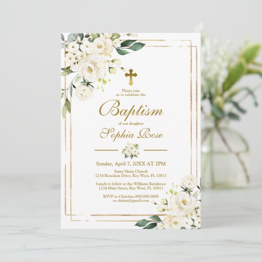White Flowers & Gold Lijst Girl Baptisme Kaart (Staand voorkant)