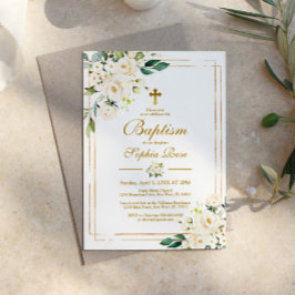 White Flowers & Gold Lijst Girl Baptisme Kaart