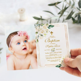 White Flowers & Gold Lijst Photo Girl Baptisme Kaart