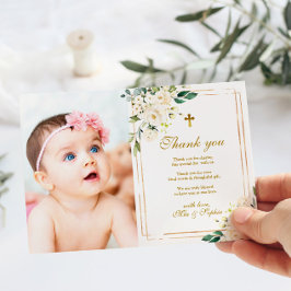 White Flowers & Gold Photo Baptisme - Hartelijk da Kaart