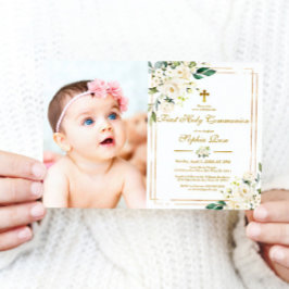 White Flowers & Gold Photo First Heilige Communie Kaart