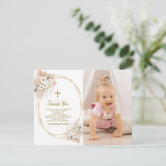 White Flowers Gold Photo Girl Baptism 1e verjaarda Bedankkaart