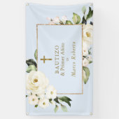 White Flowers Gold Spanish Bautizo Welcome Sign Spandoek (Verticaal)