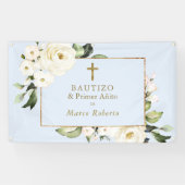 White Flowers Gold Spanish Bautizo Welcome Sign Spandoek (Horizontaal)