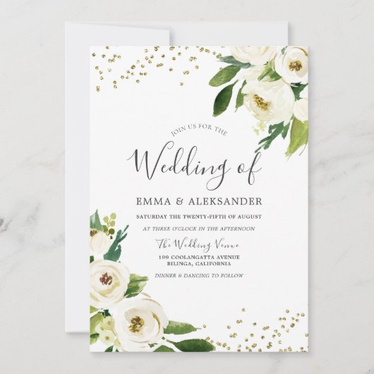 White Flowers Golden Modern Wedding Invitation Kaart (Voorkant)