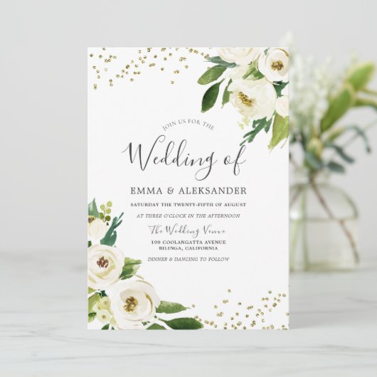 White Flowers Golden Modern Wedding Invitation Kaart (Staand voorkant)