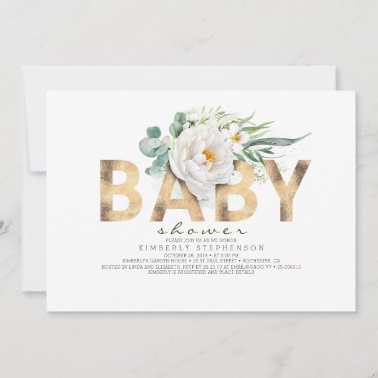 White Flowers Greenery and Gold Foil Baby shower Kaart (Voorkant)