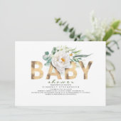White Flowers Greenery and Gold Foil Baby shower Kaart (Staand voorkant)