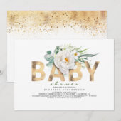 White Flowers Greenery and Gold Foil Baby shower Kaart (Voorkant / Achterkant)