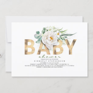 White Flowers Greenery and Gold Foil Baby shower Kaart