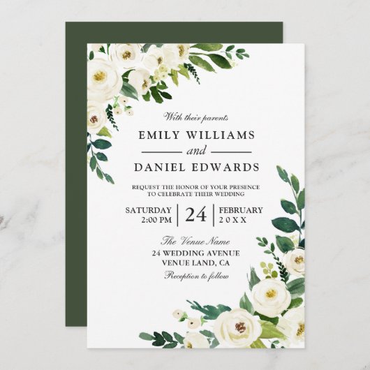 White Flowers Greenery Modern Wedding Invitation Kaart (Voorkant / Achterkant)