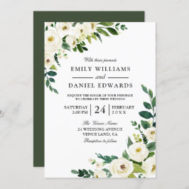 White Flowers Greenery Modern Wedding Invitation Kaart
