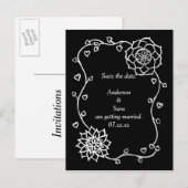 White Flowers Hearts Black Save the date Briefkaar Aankondigingskaart (Voorkant / Achterkant)