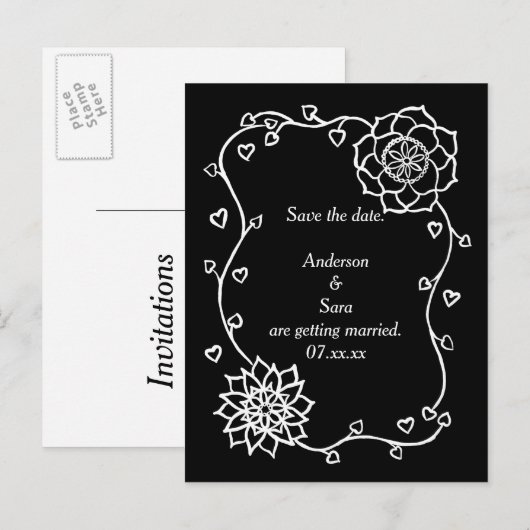 White Flowers Hearts Black Save the date Briefkaar Aankondigingskaart (Voorkant / Achterkant)