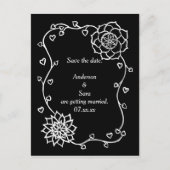 White Flowers Hearts Black Save the date Briefkaar Aankondigingskaart (Voorkant)