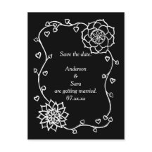 White Flowers Hearts Black Save the date Briefkaar