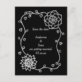 White Flowers Hearts Black Save the date Briefkaar Aankondigingskaart