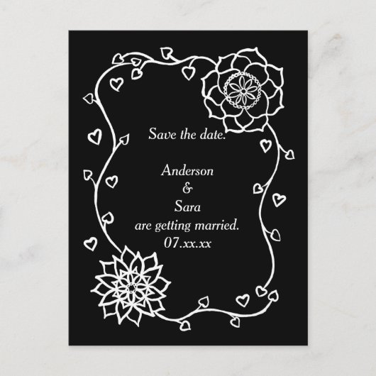 White Flowers Hearts Black Save the date Briefkaar Aankondigingskaart (Voorkant)