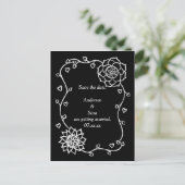 White Flowers Hearts Black Save the date Briefkaar Aankondigingskaart (Staand voorkant)