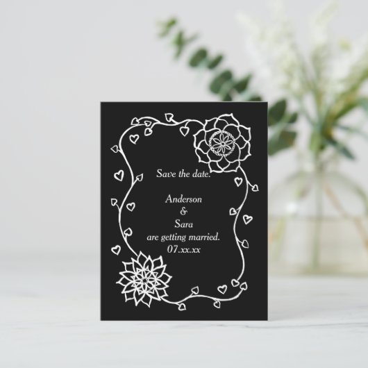 White Flowers Hearts Black Save the date Briefkaar Aankondigingskaart (Staand voorkant)