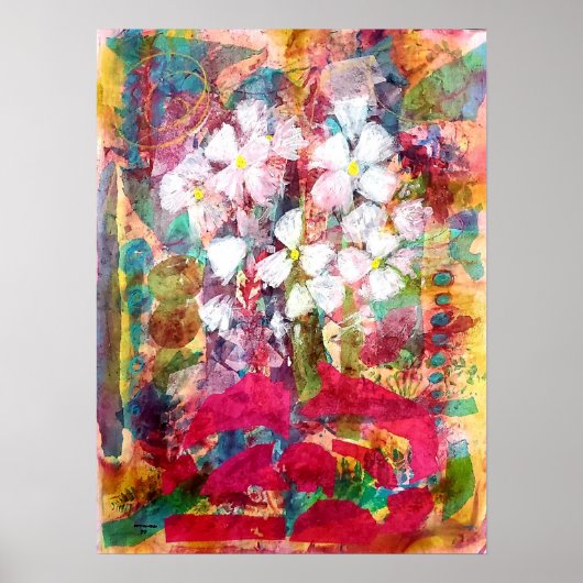 White Flowers in Pink Pot Poster Print (Voorkant)