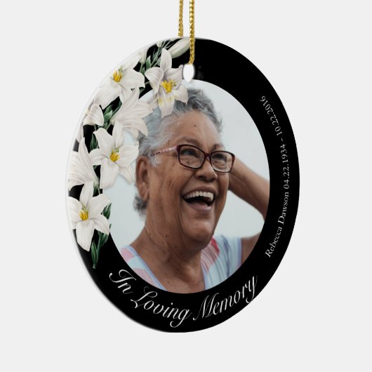 White Flowers Memorial  Black Custom Photo Keramisch Ornament (Rechts)