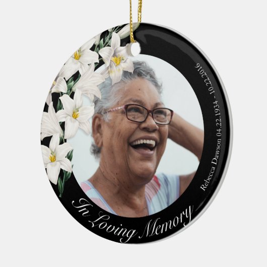 White Flowers Memorial  Black Custom Photo Keramisch Ornament (Links)