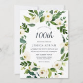 White Flowers Modern 100th Birthday Party Invite Kaart (Voorkant)