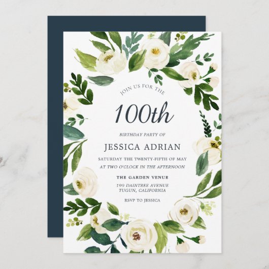 White Flowers Modern 100th Birthday Party Invite Kaart (Voorkant / Achterkant)