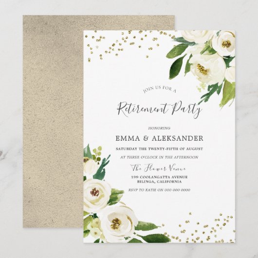 White Flowers Modern Gold Retirement Party Invite Kaart (Voorkant / Achterkant)
